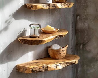 Live edge floating corner wall shelf solid wood long floating shelf, display shelf, floating shelf plans