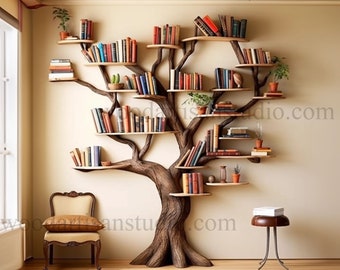 Decorazione per libreria galleggiante con ramo di un albero, bordo vivo, montaggio a parete, mensola ad angolo, mensola in legno, decorazione da parete