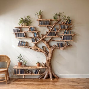 Tree branch standing corner shelf solid wood live edge floating shelf rustic bookcase decorations decor home