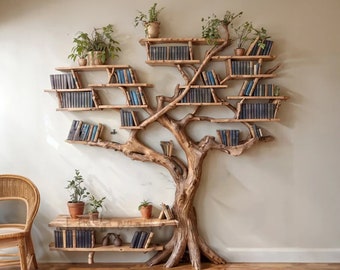 Tree branch standing corner shelf solid wood live edge floating shelf rustic bookcase decorations decor home