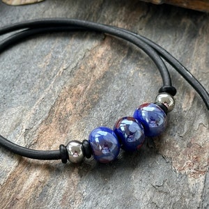 Leather Necklace with 12mm Blue Porcelain Beads | Stainless Steel Lobster Clasp