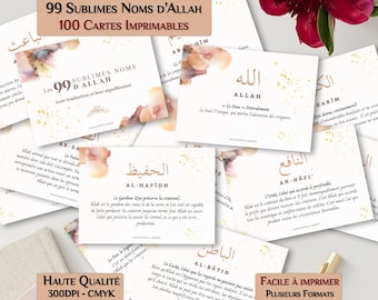 99 Noms d'Allah, 100 Cartes Imprimables Francais asma husna | Coran Sunna, éducation islamique, cadeau musulman, cartes sticker poster islam