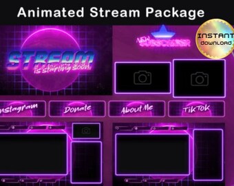 May include: A purple and blue animated stream package with neon lights. The package includes a stream starting soon screen, a new subscriber alert, and social media buttons for Instagram, Donate, About Me, and TikTok.