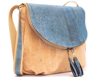 Women's cork bag shoulder bag cross body bag with zipper and outside pockets bent blue