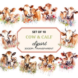 Imágenes prediseñadas de vaca y ternero⎥Paquete de imágenes prediseñadas de acuarela⎥Pegatinas digitales⎥Vaca bebé linda⎥Descarga digital instantánea⎥Uso comercial⎥Diseños de sublimación
