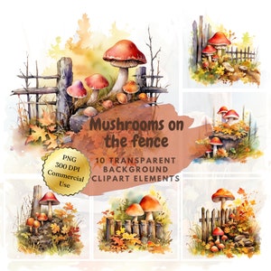 Könnte beinhalten: Eine digitale Illustration von zehn Aquarell-Clipart-Elementen mit roten und weißen Pilzen, die auf einem Holzzaun wachsen. Die Pilze sind von Herbstblättern und Gras umgeben. Der Text "Mushrooms on the fence" ist in einem braunen Kreis geschrieben.