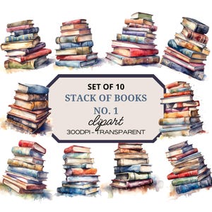 Könnte beinhalten: Set von 10 Aquarell-Illustrationen von Bücherstapeln. Jeder Stapel hat eine andere Farbe und eine unterschiedliche Anzahl von Büchern. Der Text "SET OF 10 STACK OF BOOKS NO. 1 clipart 300DPI - TRANSPARENT" befindet sich am unteren Rand des Bildes.