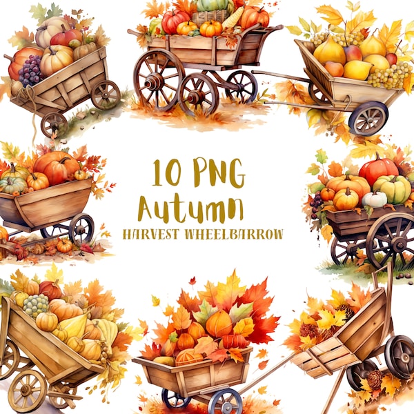 Watercolor Autumn Wheelbarrow Clipart PNG⎥Watercolor Fall Clipart⎥Digital Stickers Fall⎥Digital Download Fall Prints⎥Commercial use prints