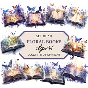Floral Book Clipart⎥Watercolor Clipart Bundle⎥Digital Stickers Cozy Books⎥Instant Digital Download⎥Commercial Use⎥Butterflies PNG Images