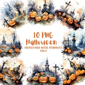 Watercolor Graveyard Vol. 2 Clipart PNG⎥Clipart Graveyard Pumpkin⎥Digital Stickers Halloween⎥Digital Download Halloween Print⎥Commercial use