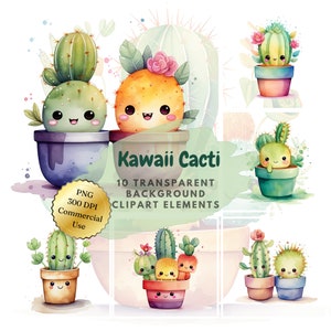 Clipart di cactus Kawaii dell'acquerello⎥Adesivo Goodnotes⎥Piante grasse carine⎥Sfondo trasparente PNG⎥Download digitale istantaneo⎥Stampe per uso commerciale