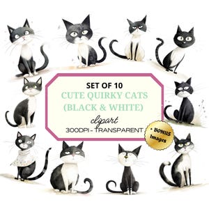 Cute Quirky Cat Clipart⎥Watercolor Clipart Bundle⎥Black & White⎥Digital Stickers⎥Instant Digital Download⎥Commercial Use⎥Sublimation Designs