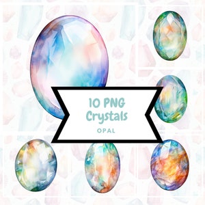 May include: A set of 10 digital illustrations of opal crystals in various shapes and colours. The crystals are rendered in a watercolour style with a soft, dreamy aesthetic. The text "10 PNG Crystals Opal" is displayed on a white banner.