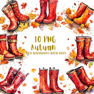 Könnte beinhalten: Zehn rote Gummistiefel mit weißen Punkten, umgeben von Herbstblättern. Die Stiefel sind paarweise angeordnet, einige Stiefel sind schräg gestellt. Der Text "10 PNG Herbst Rote Gummistiefel mit Punkten" ist in goldenen Buchstaben auf weißem Hintergrund geschrieben.