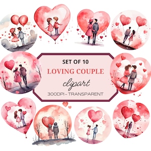 Könnte beinhalten: Set mit 10 Aquarell-Illustrationen von verliebten Paaren. Jede Illustration zeigt ein Paar, das sich an den Händen hält, mit einem herzförmigen Ballon oder Herzen im Hintergrund. Die Illustrationen sind perfekt für Valentinstag-, Hochzeits- oder Jubiläumsprojekte.