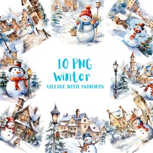 Watercolor Winter Village & Snowman Clipart⎥Clipart Winter⎥Cozy Winter Day⎥Snowman PNG⎥Snowman Stickers⎥Snowy Village⎥Commercial use prints
