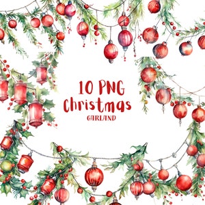 Könnte beinhalten: Ein Set mit 10 PNG-Bildern von roten Weihnachtsgirlanden mit Stechpalmenblättern und roten Beeren. Die Girlanden sind mit roten Ornamenten und Lichtern verziert. Der Text "10 PNG Christmas Garland" ist in roten Buchstaben auf weißem Hintergrund geschrieben.