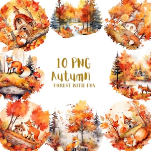 Könnte beinhalten: Zehn Aquarell-Illustrationen von Herbstwäldern mit Füchsen. Jede Illustration zeigt eine andere Szene mit einem Fuchs, Bäumen und einem kleinen Haus. Die Illustrationen sind perfekt, um Ihren Projekten einen Hauch von Herbstzauber zu verleihen.