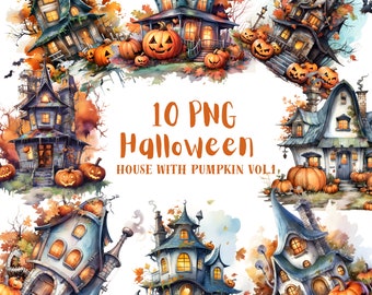 Aquarelle Cute Cottage House Clipart⎥Aquarelle Halloween Clipart⎥Autocollants numériques Halloween⎥Téléchargements numériques⎥Impressions à usage commercial