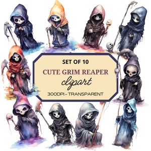 Cute Grim Reaper Clipart⎥Watercolor Bundle Clip Art⎥Spooky Images⎥Digital Stickers Halloween⎥Instant Digital Download⎥Commercial Use⎥PNG Art