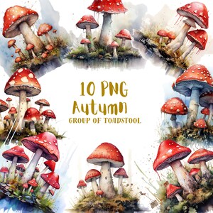Könnte beinhalten: Eine digitale Illustration von 10 roten und weißen Pilzen mit weißen Punkten. Die Pilze sind in Gruppen von zwei bis vier angeordnet, wobei sich einige Pilze überlappen. Der Hintergrund ist ein Aquarell in Blau- und Grüntönen.