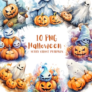 Watercolor Halloween Scary Ghost Pumpkin Clipart⎥Clipart Pumpkin⎥Digital Stickers Halloween⎥Digital Download prints⎥Commercial use prints