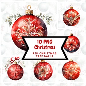 Watercolor Red Christmas Ornaments Clipart⎥Goodnotes Sticker⎥Christmas Tree Balls Illustration⎥Digital Download Print⎥Commercial use print