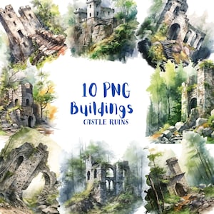 Peut inclure: Dix illustrations à l'aquarelle de ruines de château dans un cadre forestier. Les illustrations sont dans un style pictural aux bords doux et une palette de couleurs douces.