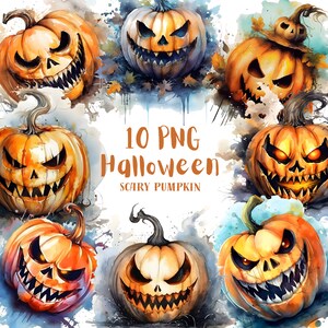 Watercolor Halloween Clipart PNG⎥Halloween Scary Pumpkin⎥Digital Stickers Halloween⎥Digital Download Halloween Prints⎥Commercial use prints⎥