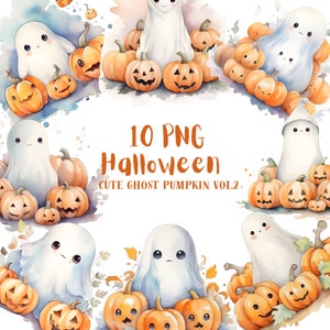 Watercolor Halloween Cute Baby Ghost Clipart⎥Clipart Pumpkin⎥Digital Stickers Halloween⎥Watercolor Kawaii Clipart⎥Commercial use prints
