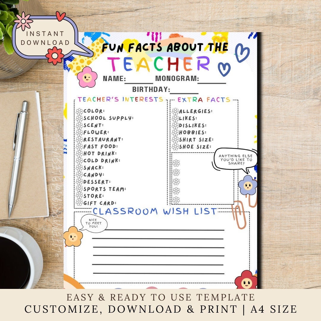 Getting to Know Your Teacher Printable, Survey Questionnaire Back to ...