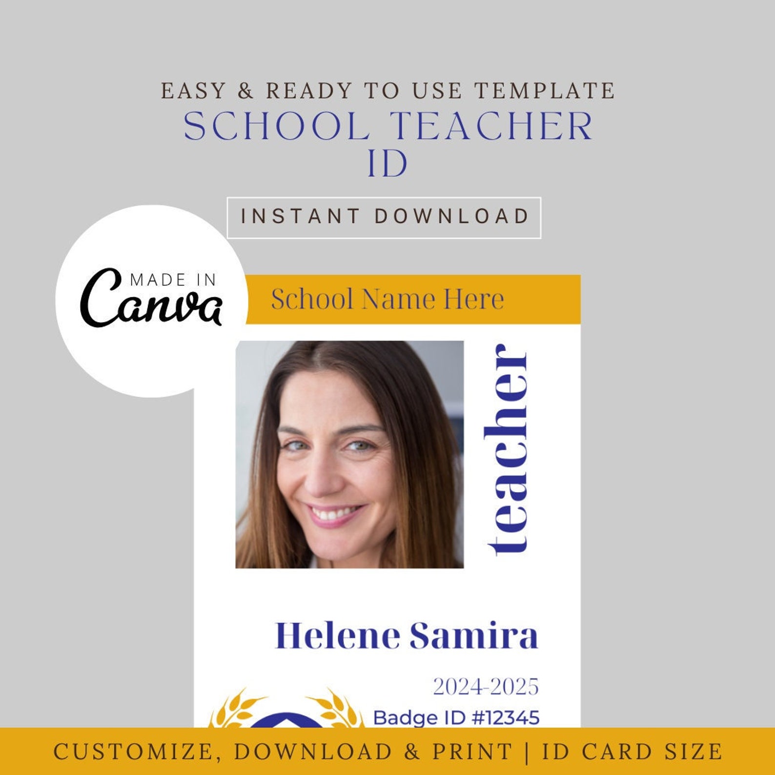 Teacher ID Card Template, ID Card, Custom ID Badge, Id Badge, Editable ...