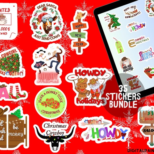 35 Western Christmas Stickers Bundle, Printable Stickers, Christmas Gift, Sticker Sheet, Goodnotes Sticker, Stickers Set, Cowboy Sticker,PDF