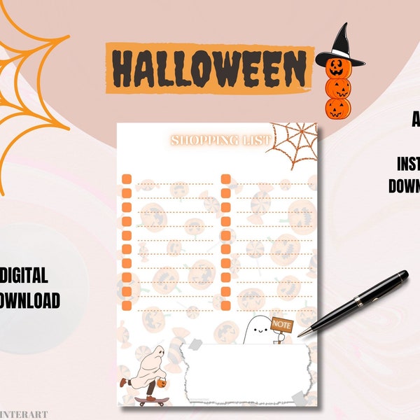 Halloween Shopping List Printable, Digital Download, Shopping List, Drawing Page, Item Checklist, Trendy Art Prints, Halloween, To Buy List