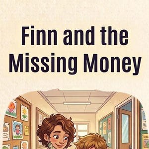 Pode incluir: Uma capa de livro intitulada Finn and the Missing Money com uma ilustração de uma pessoa e uma criança colocando um item em uma lata de coleta azul sobre uma mesa de madeira em um corredor escolar com um cão e 5 fichas de exercícios.