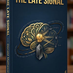 May include: A dark blue hardback book titled The Late Signal by Donald Matheson. The cover features a gold brain illustration with gears, a central bell icon, and a dark crystal. Text includes: A signal failure. Not a resource shortage.