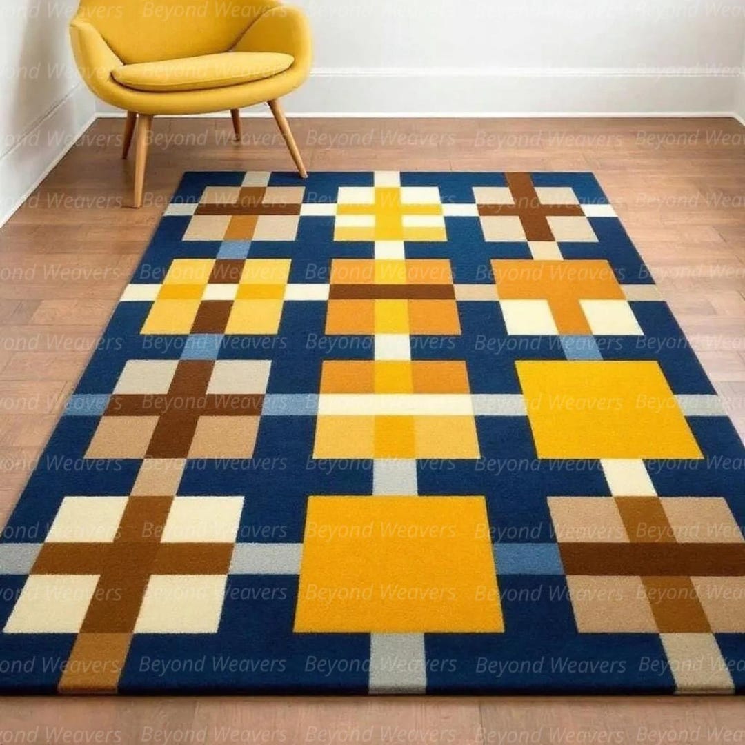 Noce Pixel Rug Geometric Pixel Rug • Blue Yellow Modern Area Carpet • Retro ...