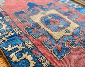Hand-Knotted Turkish Oushak Wool Rug: Blue & Red Floral Design