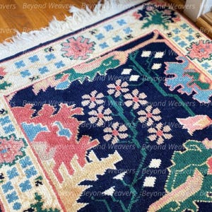 Hand-Knotted Wool Oushak Rug: Navy, Pink, & Orange Floral Turkish Rug