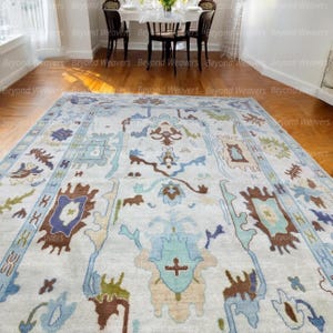 Hand-Knotted Wool Oushak Rug: Muted Ivory, Green Floral Turkish Rug (10 X 15 Feet)