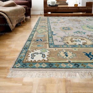 Hand-Knotted Wool Oushak Rug: Teal Blue & Beige Floral Design