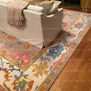 Pink Ivory Rug, Colorful Oushak Rug, Blue Green Red Area Rug, Modern Living Room Rug, Textured Wool Rug, Contemporary Pink Turkish