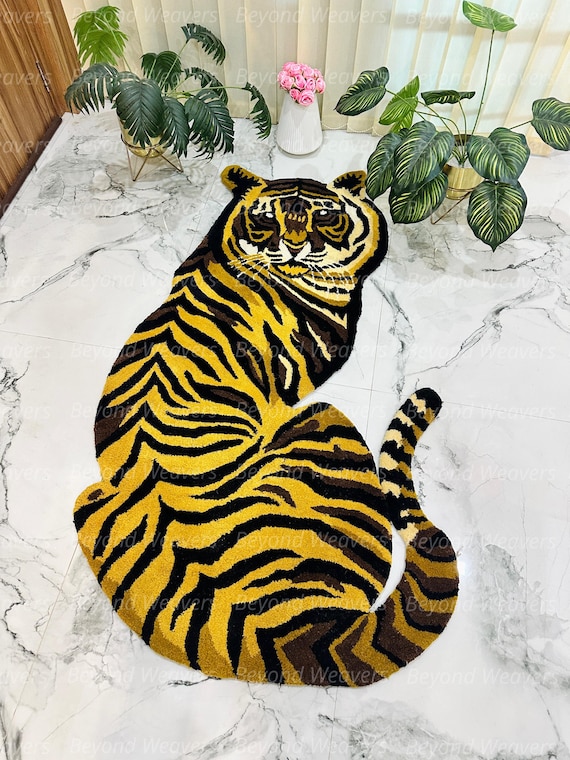Tiger Shaped Rug | Bold Animal Art Carpet | Tibetan Style Decor