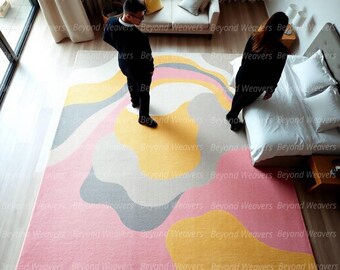 Blush Pnk Slver Grey Geo Modern Soft Heavy Large Area Rug Hall Runner