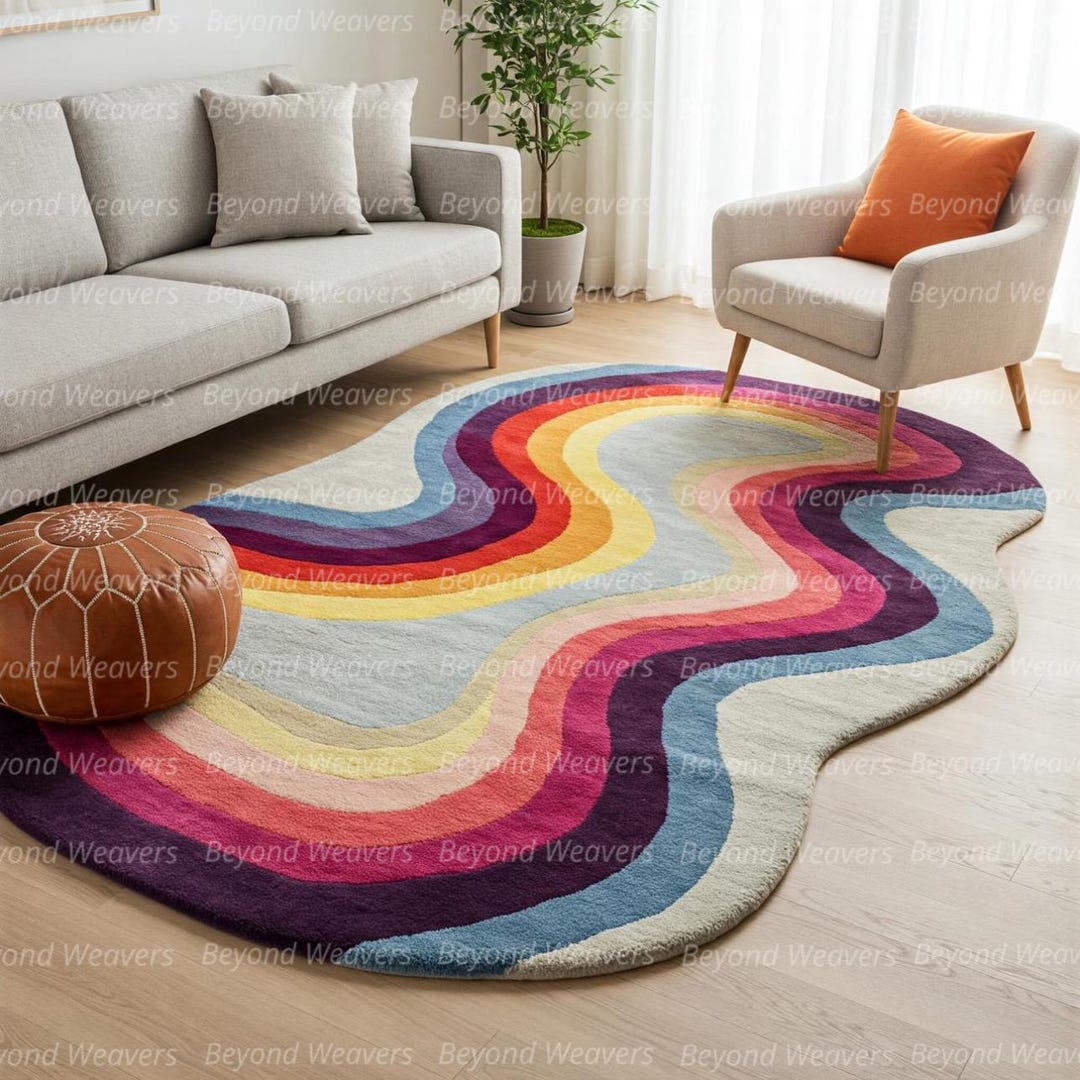 Rainbow Wavy Rug | Colorful Groovy Carpet | Abstract Rug for Living ...