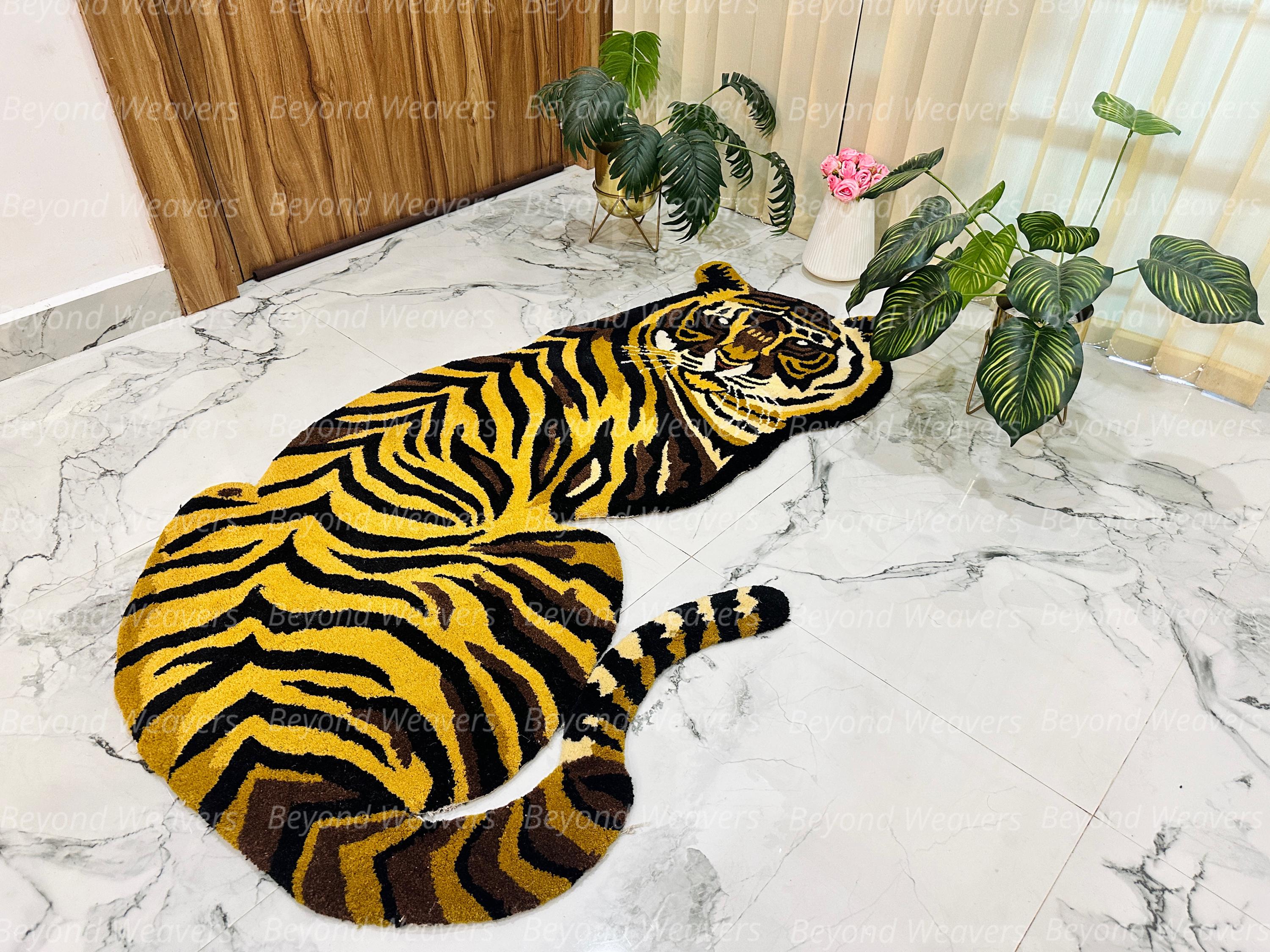 Tiger Shaped Rug | Bold Animal Art Carpet | Tibetan Style Decor