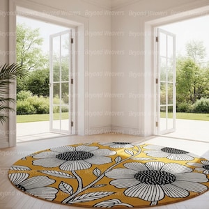Hand-Tufted Wool Round Rug: Vibrant Floral Design, Mustard & Beige