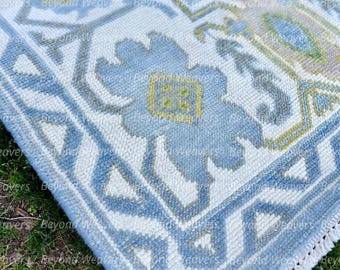 Hand-Knotted Oushak Wool Rug 9x12: Light Blue, Green, Ivory