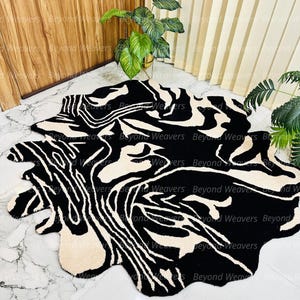 Black & White Abstract Rug – Irregular Wavy Shape Carpet, Modern Marble Swirl Design,
