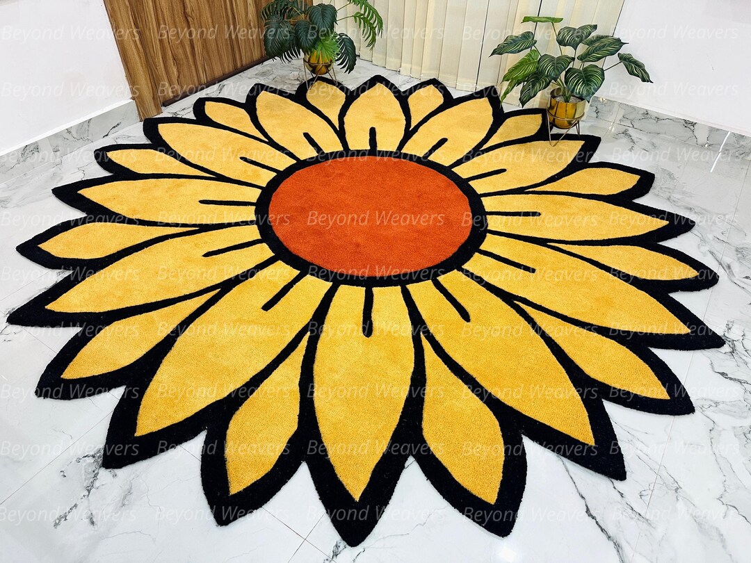 Handmade Wool Sunflower Rug: Yellow Tufted Round Carpet - Etsy